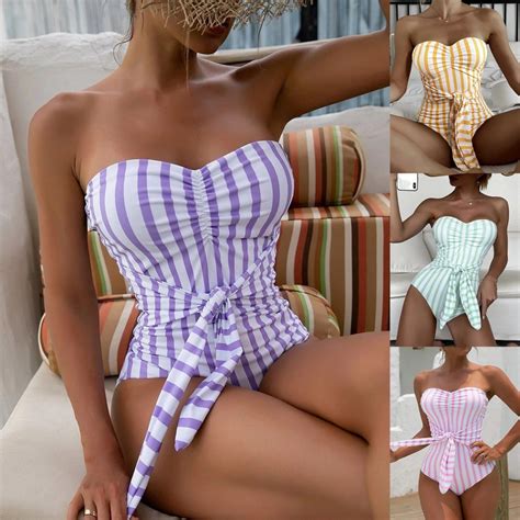 Hot Sale Women Bikini One Piece Swimsuit Purple Stripe Multicolor Bathing Suit Wholesale