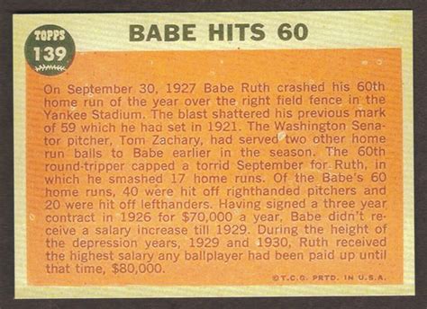 BABE RUTH Novelty RP Card 139 Hits 60 Yankees 1962 T Free Etsy