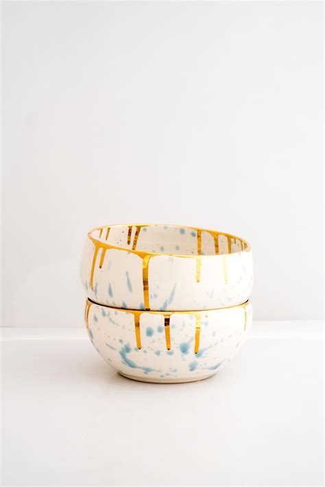 Bowl – Blue & Gold Drip | Maital Ceramics Studio