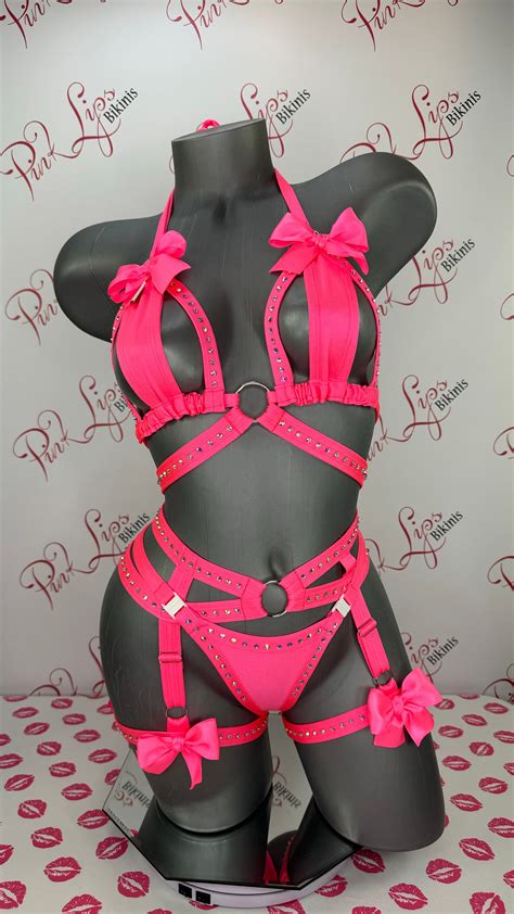 Neon Pink Lingerie 3 Piece Set Etsy
