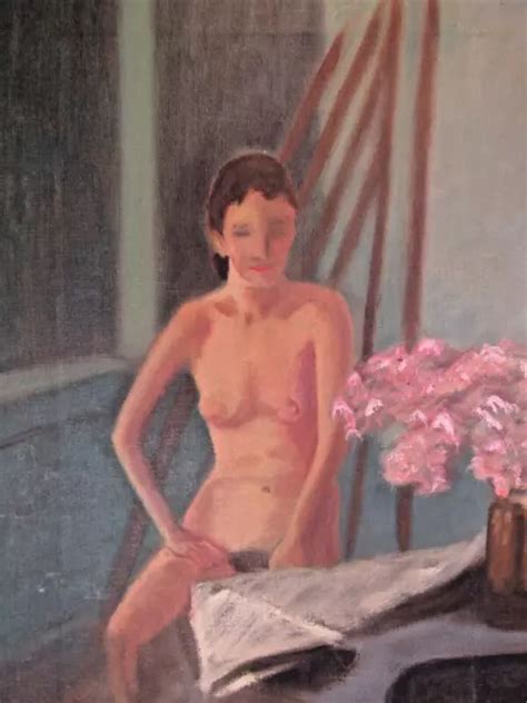 Oil Painting On Canvas Sitting Female Nude Mid Century Woman Naked