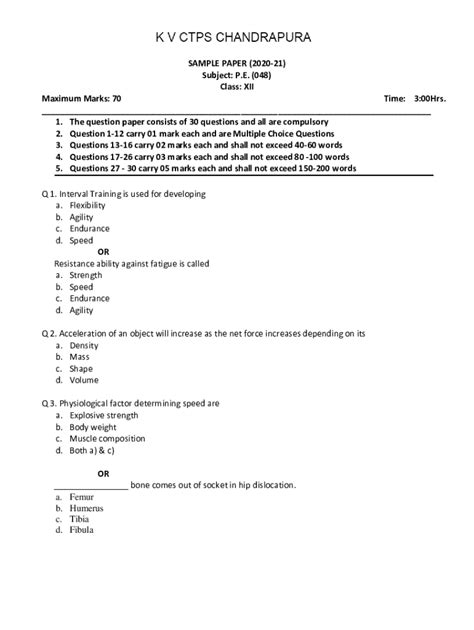 Fillable Online Sample Paper Of Physical Education Class 12 With Solution Fax Email Print