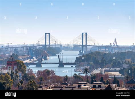 Fifth Centenary bridge over the Guadalquivir river in Seville. Cable ...