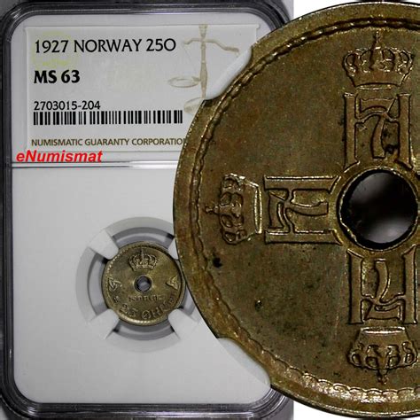 Norway Haakon VII 1927 25 Ore NGC MS63 Center Hole BETTER DATE KM 384