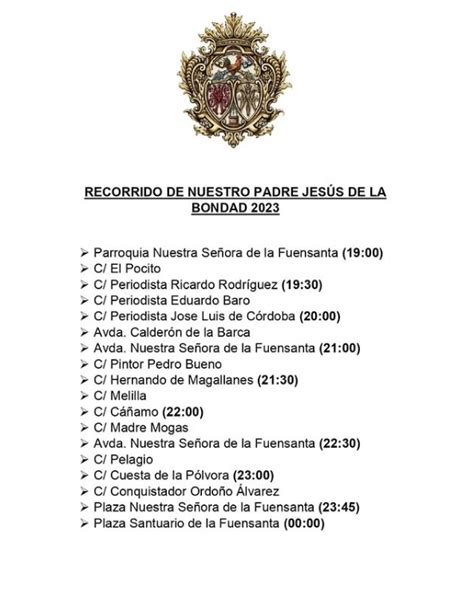 Horario e Itinerario Salida Procesional Jesús de la Bondad Córdoba 25