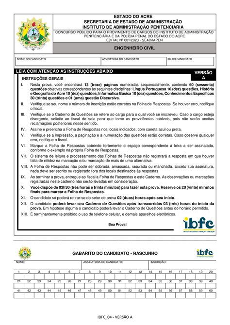 Ibfc 2023 Iapen Ac Engenheiro Civil Prova ESTADO DO ACRE SECRETARIA