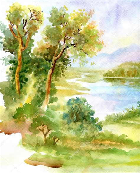 Watercolor river nature landscape — Stock Photo © Kostan-PROFF #54511187