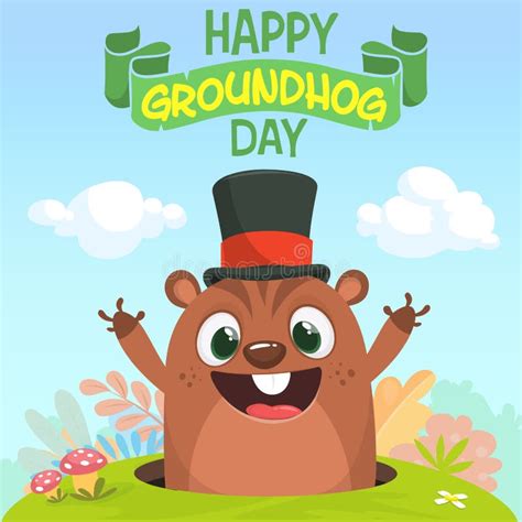 动画片在主要帽子的土拨鼠groundhog 也corel凹道例证向量 挖土日 党邀请海报或明信片与字法 向量例证 插画 包括有 当事人