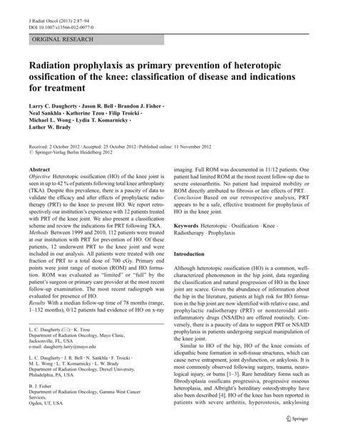 Pdf Radiation Prophylaxis As Primary Prevention Of Heterotopic Ossification Of The Knee