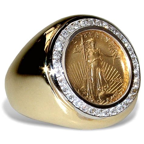 Men S Diamond And Gold Coin Ring Featuring The 1 10th Ounce Usa Walkin Gem Of The Day And Time