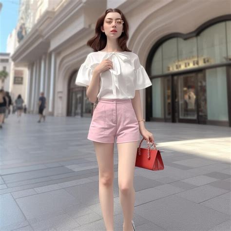 Premium AI Image A Woman In A White Top And Pink Shorts Is Walking In