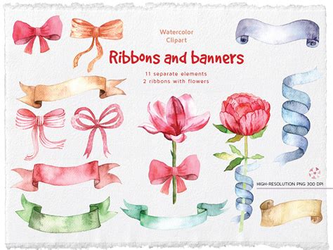 Watercolor Ribbons And Banners Clipart Hand Painted Ribbons And