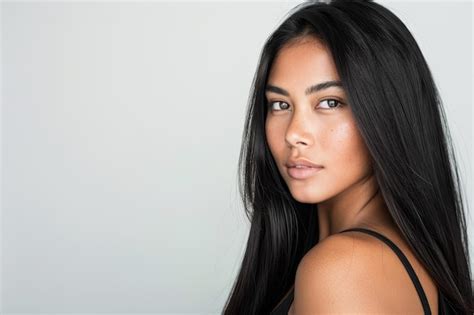 Closeup Portrait Of A Beautiful Woman With Long Shiny Black Hair Looking Over Her Shoulder