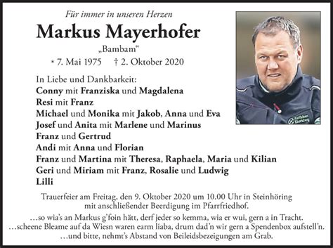 Traueranzeigen Von Markus Mayerhofer Trauer Merkur De