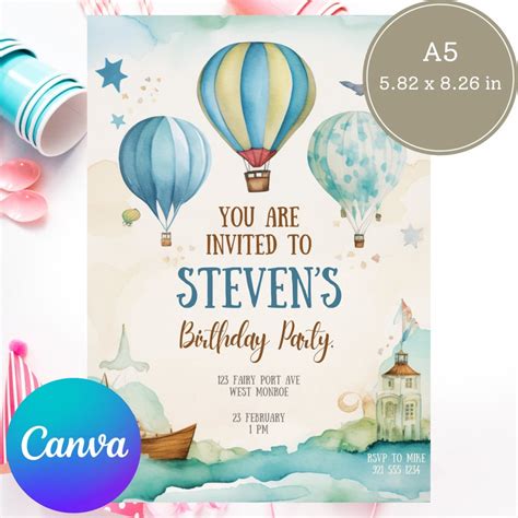 Hot Air Balloon First Birthday Invitation Watercolor Birthday Invite First Birthday Party