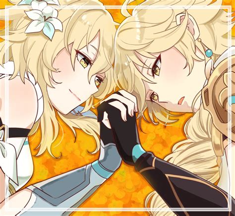 Safebooru 1boy 1girl Aether Genshin Impact Ahoge Bangs Bare Shoulders Black Gloves Blonde