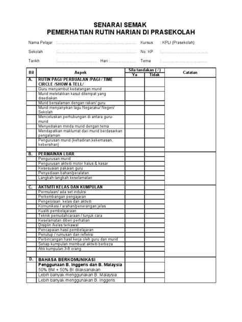 24 Senarai Semak Contoh Rekod Pentaksiran Prasekolah  Senaraivlogs