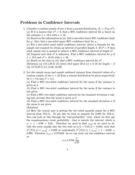 Homework Confidence Intervals Problems In Confidence Intervals Consider A Random Sample Of