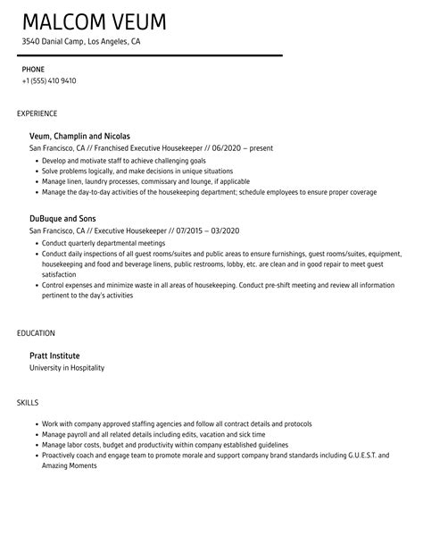 Executive Housekeeper Resume Samples | Velvet Jobs