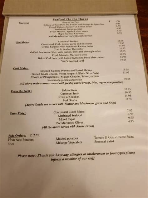 Menu At The Tall Ship Pub Bar Gloucester