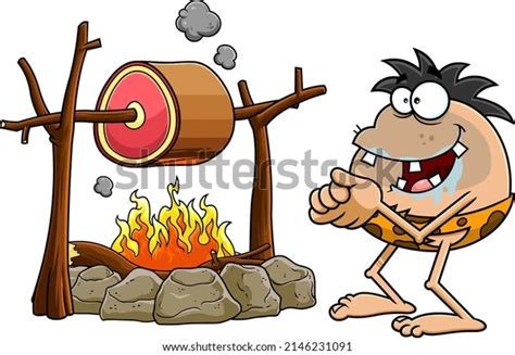 Hungry Caveman Cartoon Character Cooking Meat