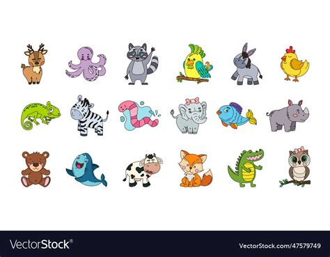 Animals cute doodle set color isolated on white Vector Image