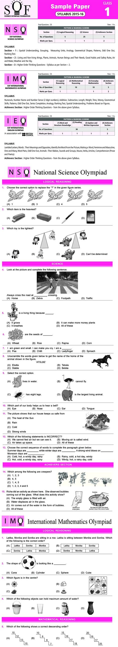 Nco Nso Imo Ieo And Igko 2018 2019 Class 1 First Level Sample Papers Aglasem Schools