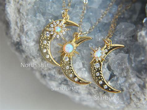 Moon Necklace Crescent Moon Jewelry Opal Star Necklace Opal Moon