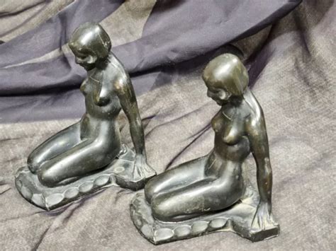 Antique Pair Nuart Frankart Nude Kneeling Female Art Deco Bookends