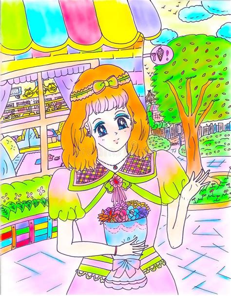 Helle Farbenfrohe Eiscaf Im Freien Und Shoujo Anime Manga Girl Mit