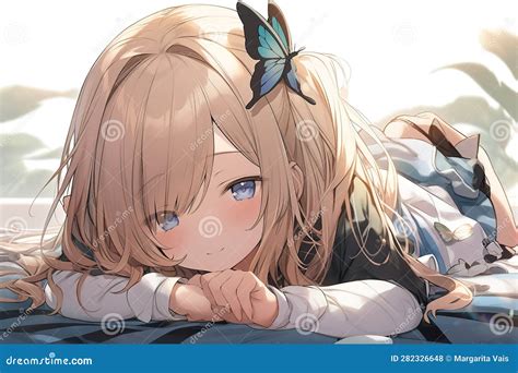 Cute Kawaii Anime Girl With Blue Eyes And White Hair Lies On The Bed Stock Illustration