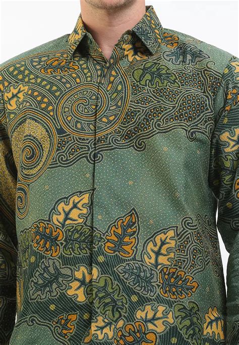 Jual Batik Kedu Kemeja Batik Motif Daun Sisik Hijau Doby Lengan Panjang