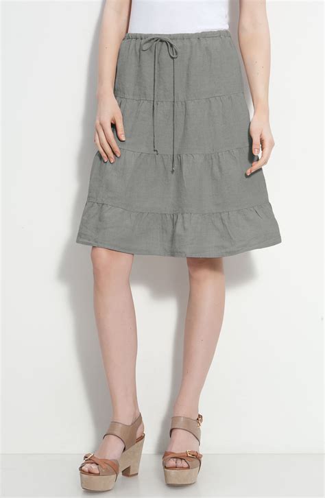 Allen Allen Drawstring Linen Skirt In Gray Light Grey Lyst