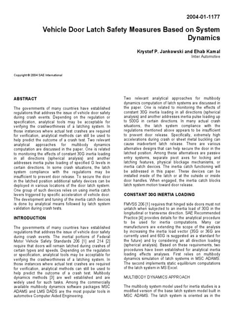 Vehicle Door Latch Safety Measures Based On System Dynamics Pdf