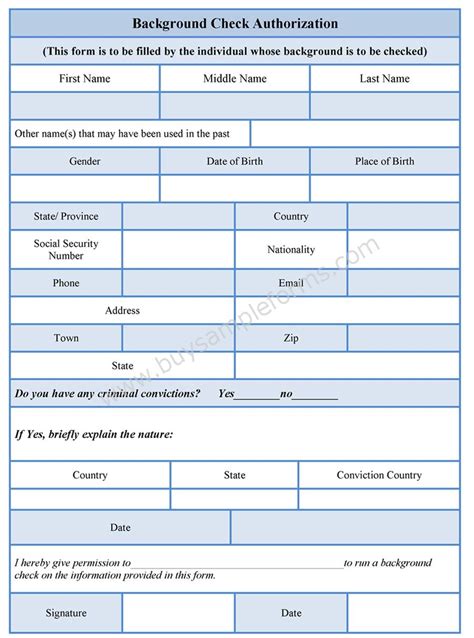 Printable Pre Employment Background Check Authorization Form