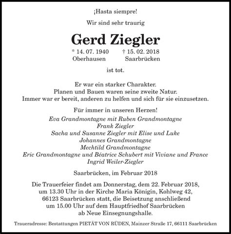 Traueranzeigen Von Gerd Ziegler Saarbruecker Zeitung Trauer De