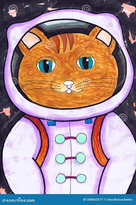 Portrait of a Cat Astronaut. Children`s Drawing Stock Image - Image of ...