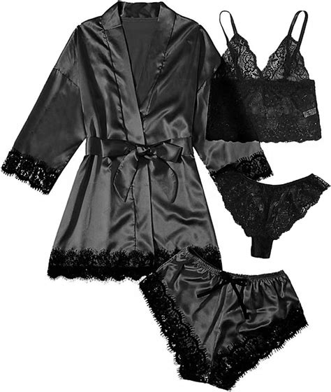 Xspqgq Womens 4 Pieces Satin Floral Lace Cami Top Satin Pajama Set With Robe S Xl Xl Black