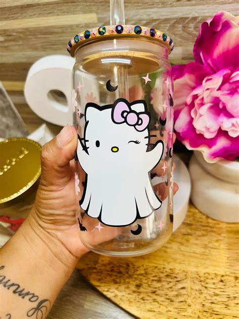 Hello Kitty Glass Tumbler Coffee Cup Beer Can Ghost Hello Etsy