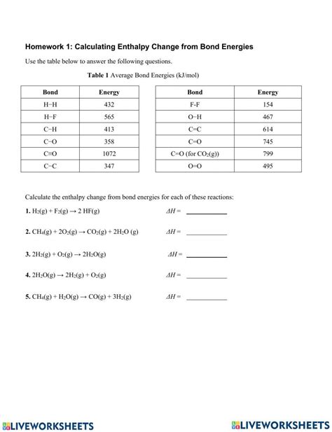 Bond Enthalpies Msalix Live Worksheets