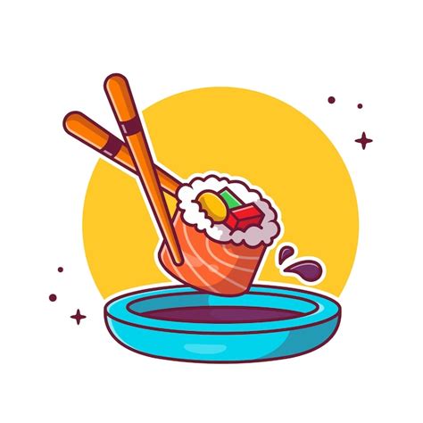 Ilustración de icono de dibujos animados de sushi palillos y shoyu