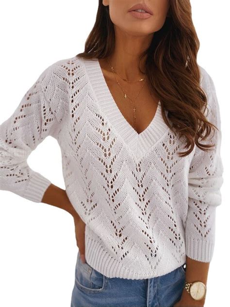 Hollow Out Sweater Women 2022 Autumn Solid Sexy V Neck Knitted Sweaters