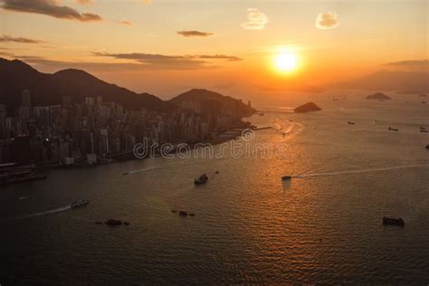 View On Victoria Harbor In Hong Kong At Sunset Stock Image Image Of