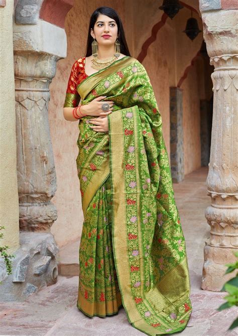 Green Weaved Banarasi Art Silk Saree Unstitched Blouse Party Wear