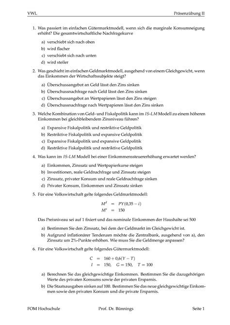 II Präsenzübung Übungsaufgaben zur klausurvorbereitung VWL Prasenz