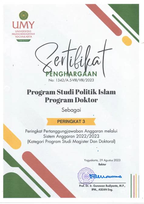 Program Doktor Politik Islam UMY Raih Peringkat 3 Dalam