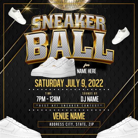 The Sneaker Ball Flyer Is Shown In Gold And Black With White Shoes On It