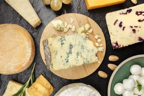 overhead phtoto   types  cheese  black texture stock image
