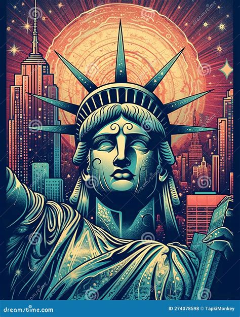 Fantasy New York City Surrealistic Illustration Poster Featuring Statue