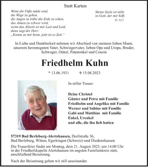 Traueranzeigen Von Friedhelm Kuhn Trauer In NRW De